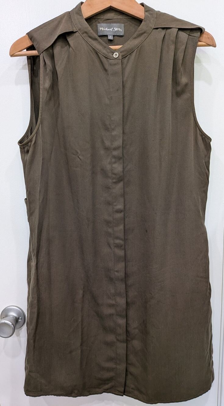 Michael Stars Olive Green Sleeveless Utility Mini Dress Silk-Like Cupro Safari M